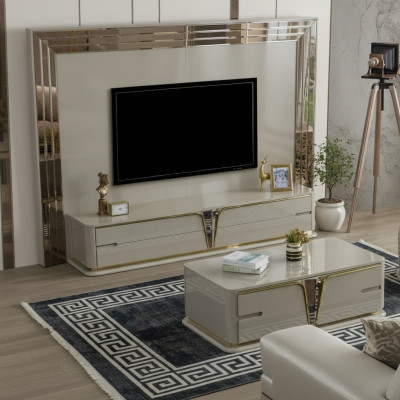 Meuble TV Meuble télé Lowboard Buffet Salon Or Beige Luxe Bois nouveau.