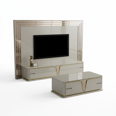 Meuble TV Meuble télé Lowboard Buffet Salon Or Beige Luxe Bois nouveau.