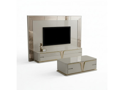 Meuble TV Meuble télé Lowboard Buffet Salon Or Beige Luxe Bois nouveau.