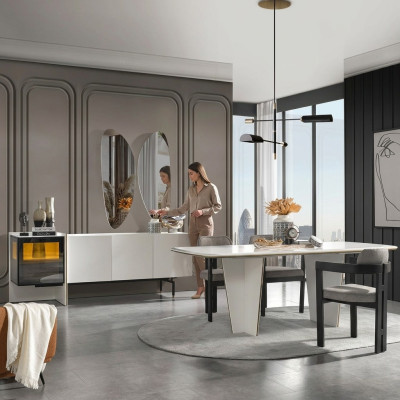 Suite Salle à manger Salle à manger Table à manger Chaises de luxe Espace repas 7 pièces Blanc