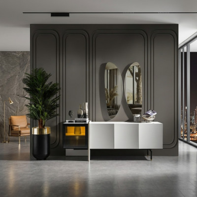 Groupe Sideboard Miroir Commode en bois Moderne Salle à manger Blanc Design neuf