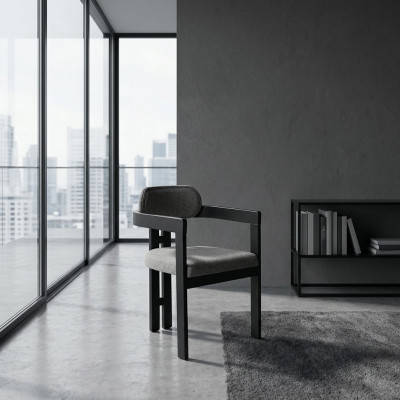 Une chaise ultra-moderne avec une forme inhabituelle et des pieds intéressants, avec un dossier confortable en noir-gris pour la salle à manger