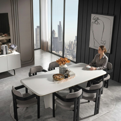 Ensemble de salle à manger Salle à manger Table à manger Chaises de luxe Espace repas 7 pièces Blanc