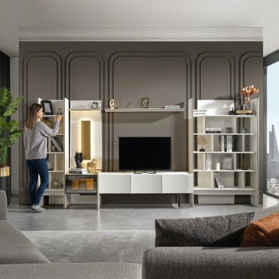 Unité murale de télévision, meuble TV, armoire TV, meuble bas, buffet, étagères en bois blanc