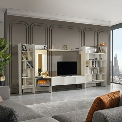 Unité murale de télévision, meuble TV, armoire TV, meuble bas, buffet, étagères en bois blanc