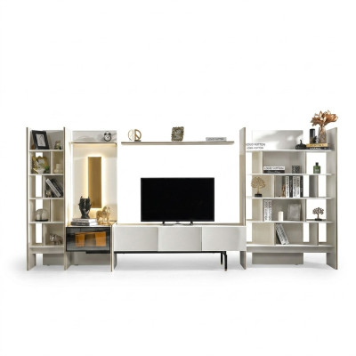 Unité murale de télévision, meuble TV, armoire TV, meuble bas, buffet, étagères en bois blanc