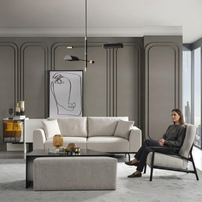 Ensemble de canapé moderne blanc à trois places, ensemble fauteuil assorti, mobilier rembourré pour salon