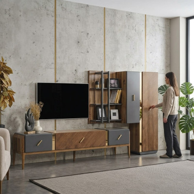 Ensemble mural, meuble TV, armoire TV, buffet bas, bahut, étagères en bois brun
