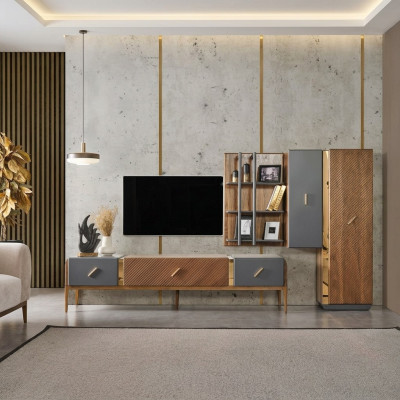 Ensemble mural, meuble TV, armoire TV, buffet bas, bahut, étagères en bois brun