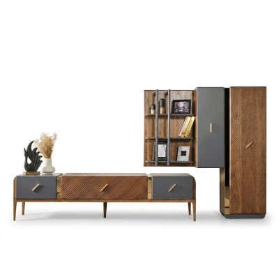 Ensemble mural, meuble TV, armoire TV, buffet bas, bahut, étagères en bois brun