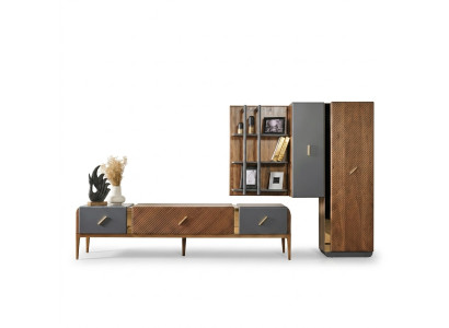 Ensemble mural, meuble TV, armoire TV, buffet bas, bahut, étagères en bois brun
