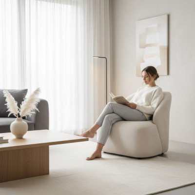 Fauteuil à oreilles moderne en tissu pour salon, en polyester blanc.