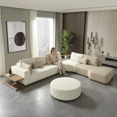Canapé d'angle moderne blanc en forme de L, Canapé de luxe rembourré, Meuble de salon