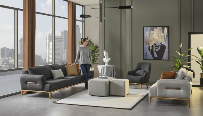 Ensemble de canapé Canapé Fauteuil 3 places Tissu Luxueux Gris Salons de canapés Salle de séjour