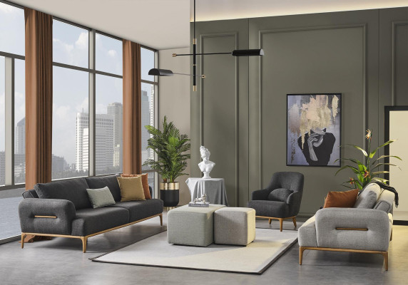Ensemble de canapé Canapé Fauteuil 3 places Tissu Luxueux Gris Salons de canapés Salle de séjour
