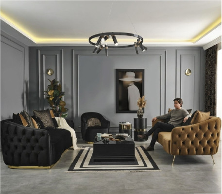 Ensemble de canapé Chesterfield Canapé Fauteuil Bleu Polyester Ensemble Luxe 3 pièces