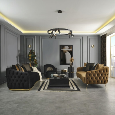 Ensemble de canapé Chesterfield Canapé Fauteuil Bleu Polyester Ensemble Luxe 3 pièces