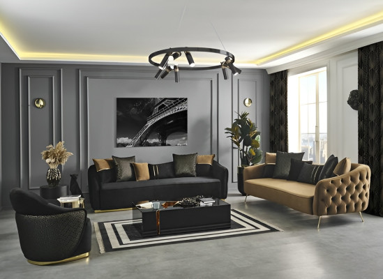 Ensemble de canapé Chesterfield Canapé 3 places Fauteuil bleu en polyester Lot de 2 pièces