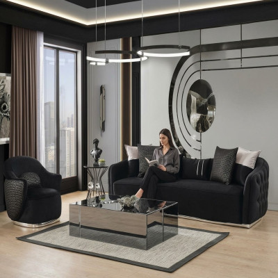Ensemble de canapé Canapé 4 places Fauteuil 4 places Tissu Noir Polyester