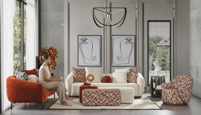 Ensemble de canapé Canapé Fauteuil 431 Siège Tissu Canapés de luxe Orange Salon