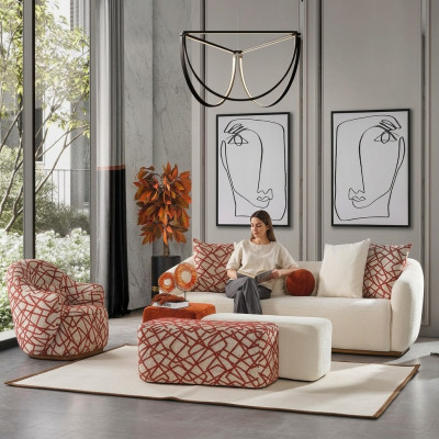 Ensemble de canapé Ensemble de salon Canapé 4 places Fauteuil 3x Tabouret Blanc Tissu quatre places