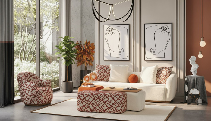 Ensemble de canapé Ensemble de salon Canapé 4 places Fauteuil 3x Tabouret Blanc Tissu quatre places