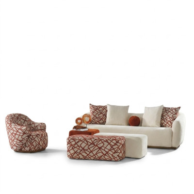 Ensemble de canapé Ensemble de salon Canapé 4 places Fauteuil 3x Tabouret Blanc Tissu quatre places