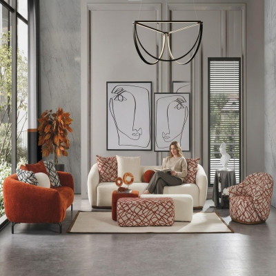 Ensemble complet de canapé Sofa 431 en tissu orange, groupe de 4 pièces.