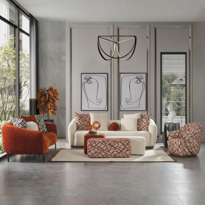 Ensemble complet de canapé Sofa 431 en tissu orange, groupe de 4 pièces.