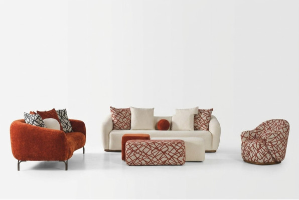 Ensemble complet de canapé Sofa 431 en tissu orange, groupe de 4 pièces.