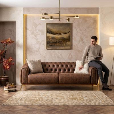 Chesterfield canapé 4 places en polyester marron simili cuir