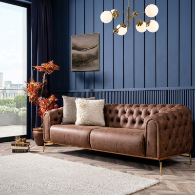 Chesterfield canapé 4 places en polyester marron simili cuir