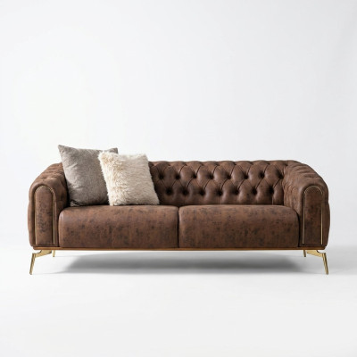 Chesterfield canapé 4 places en polyester marron simili cuir