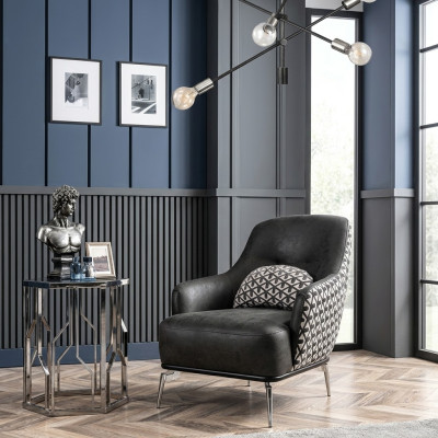 Fauteuil à ailes en simili cuir, salle de séjour en polyester noir.
