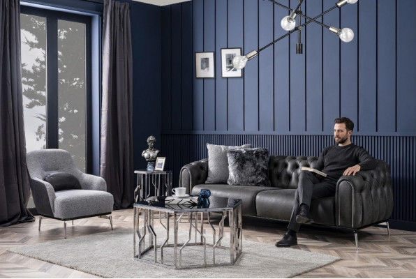 Canapé Chesterfield 4 places, Fauteuil imitation cuir noir