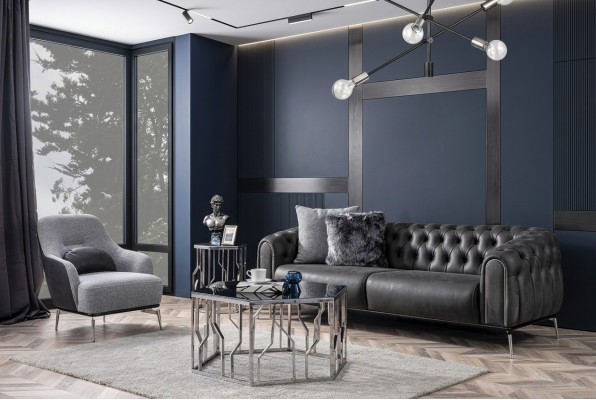 Canapé Chesterfield 4 places, Fauteuil imitation cuir noir