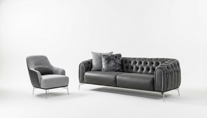 Canapé Chesterfield 4 places, Fauteuil imitation cuir noir