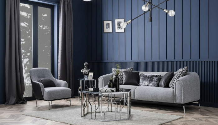 Canapé Suite Moderne 3 Places Fauteuil Trois Places Tissu Gris Polyester Moderne