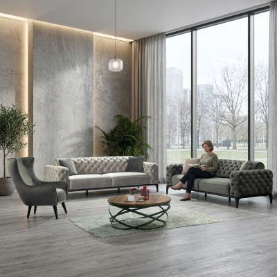 Ensemble de canapé Chesterfield Ensemble de canapé 3+1 places Tissu gris Canapés de luxe Siège