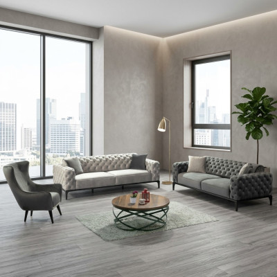 Ensemble de canapé Chesterfield Ensemble de canapé 3+1 places Tissu gris Canapés de luxe Siège