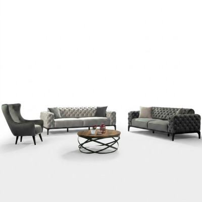 Ensemble de canapé Chesterfield Ensemble de canapé 3+1 places Tissu gris Canapés de luxe Siège