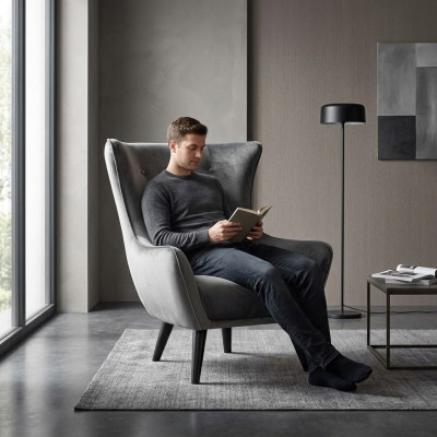 Fauteuil Wing Chair Tissu Salon Polyester Design Gris Moderne Siège