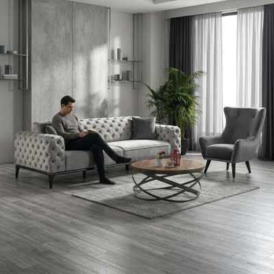 Chesterfield Ensemble de canapés Canapé 3+1 places Tissu Gris Canapés de luxe Blanc
