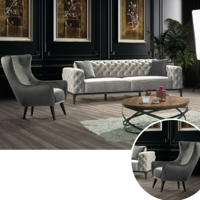 Chesterfield Ensemble de canapés Canapé 3+1 places Tissu Gris Canapés de luxe Blanc