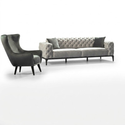 Chesterfield Ensemble de canapés Canapé 3+1 places Tissu Gris Canapés de luxe Blanc