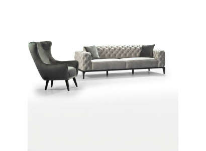 Chesterfield Ensemble de canapés Canapé 3+1 places Tissu Gris Canapés de luxe Blanc