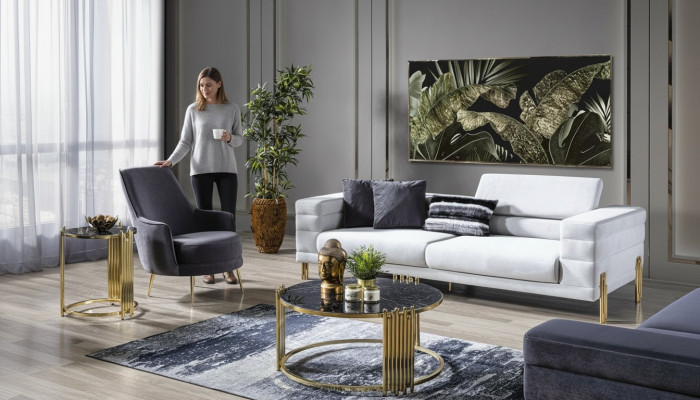 Ensemble de canapé de luxe Canapé 4 places Fauteuil Tissu Moderne Blanc Ensemble Moderne