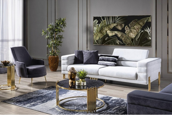 Ensemble de canapé de luxe Canapé 4 places Fauteuil Tissu Moderne Blanc Ensemble Moderne