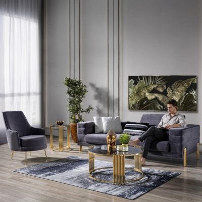 Ensemble de canapé de luxe Canapé 3 places Fauteuil en tissu Gris moderne Ensemble moderne