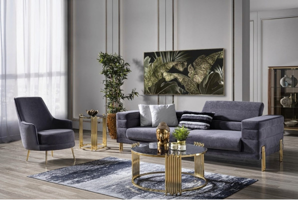 Ensemble de canapé de luxe Canapé 3 places Fauteuil en tissu Gris moderne Ensemble moderne